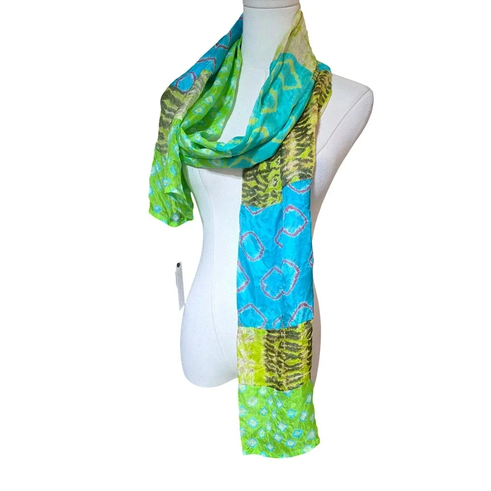 BANDHANI Silk Patchwork Scarf Shawl Blue Green Tie Dye Boho Festival